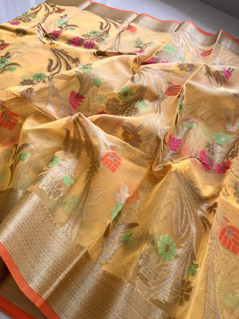 Kora Silk Banarasi Saree With All over Woven Design - Yellow