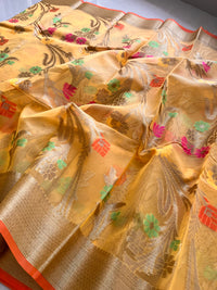 Kora Silk Banarasi Saree With All over Woven Design - Yellow