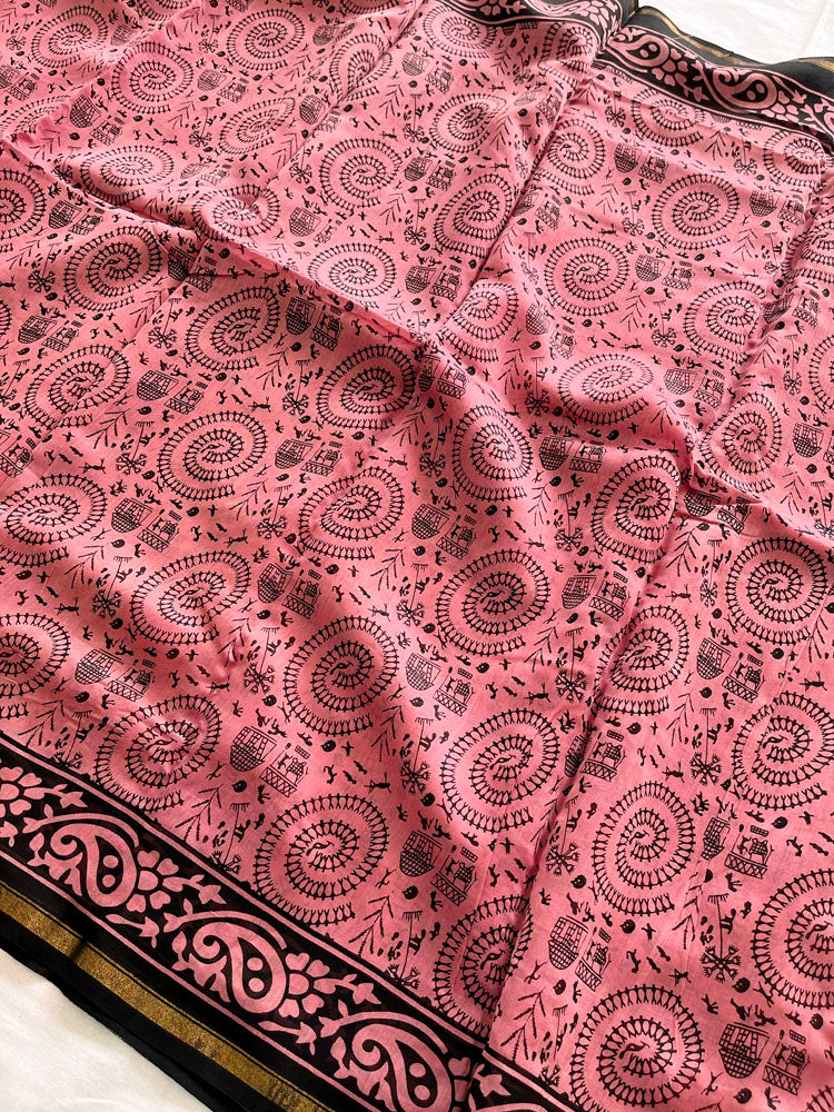 Chanderi Cotton Silk  Warli  Print Saree - Pink