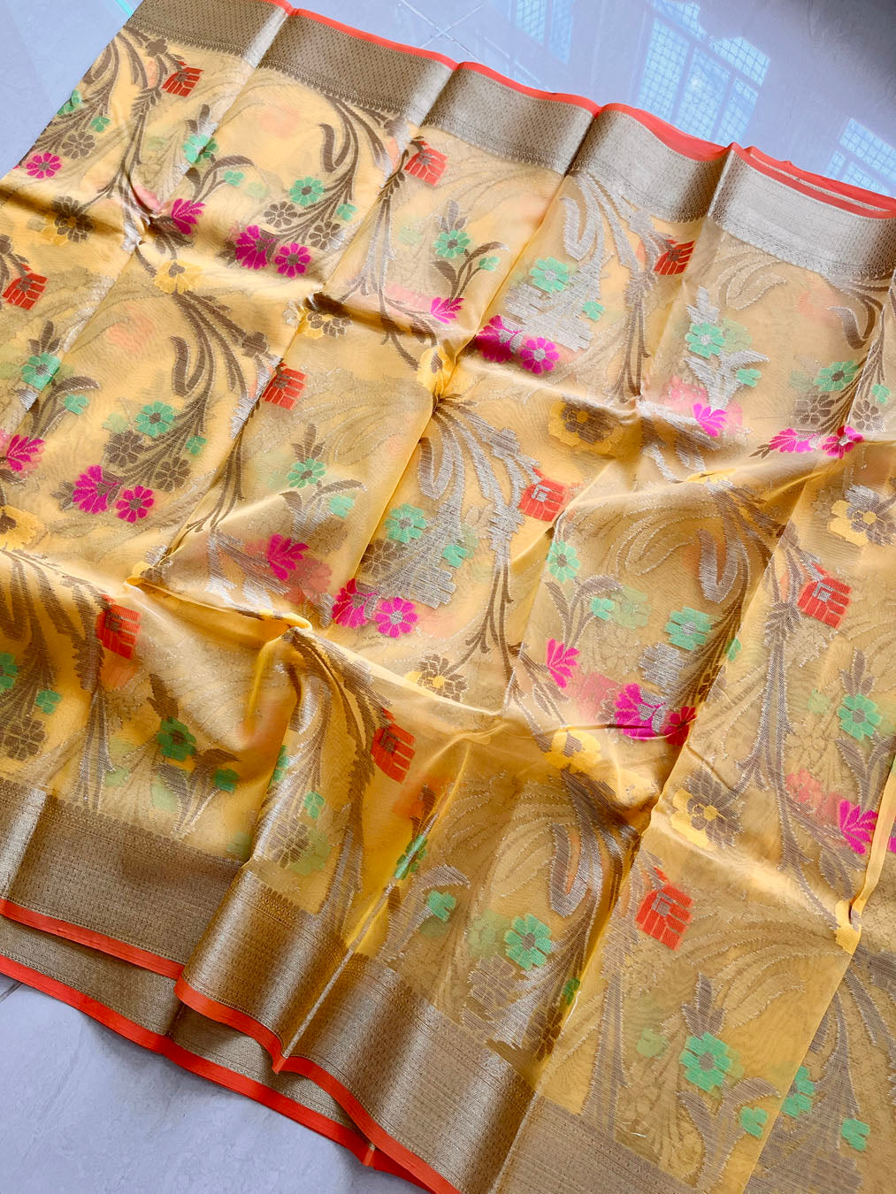 Kora Silk Banarasi Saree With All over Woven Design - Yellow