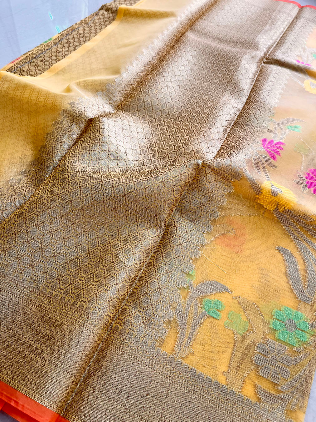 Kora Silk Banarasi Saree With All over Woven Design - Yellow