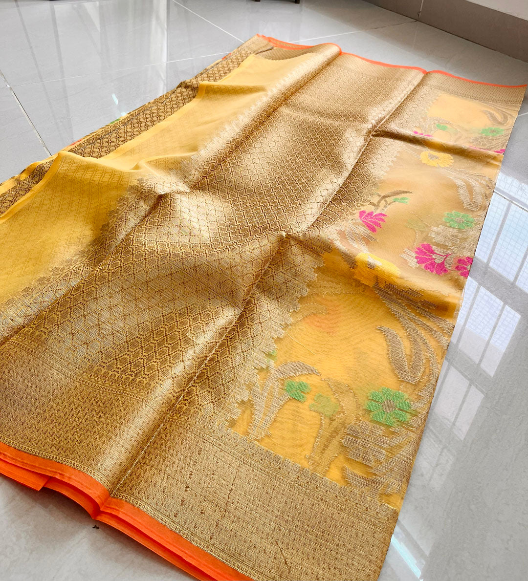 Kora Silk Banarasi Saree With All over Woven Design - Yellow