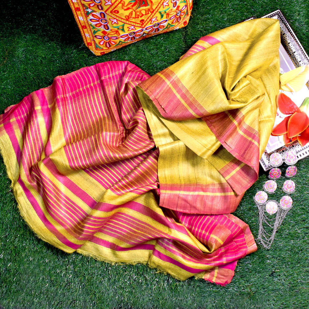 Mustard Yellow Tussar Ghicha Silk