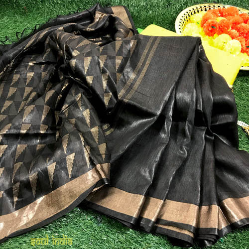 Handloom Tussar silk Saree with handwoven Pallu and zari Border