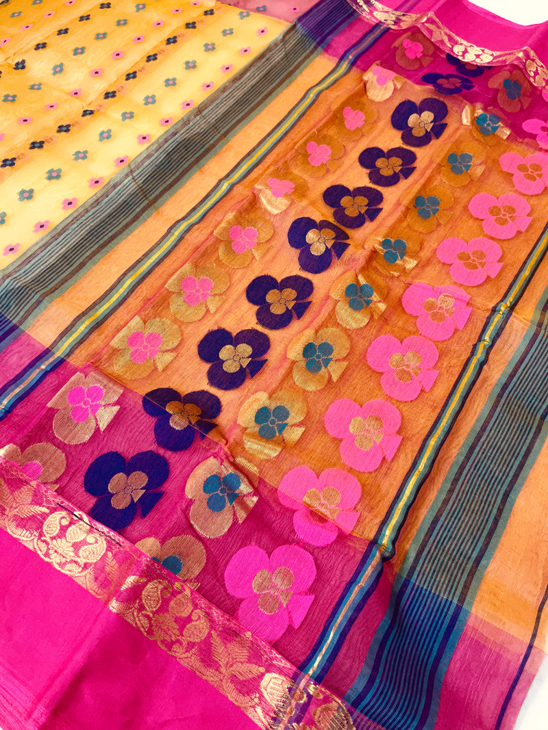 Jamdani Saree with all over Floral work- Pink & Yellow