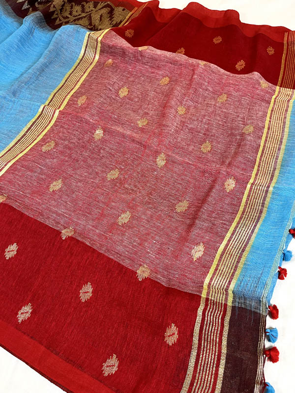 Handloom Pure Organic Linen Ikkat blend Jamdani Saree With muted gold Zari Work