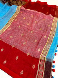 Handloom Pure Organic Linen Ikkat blend Jamdani Saree With muted gold Zari Work