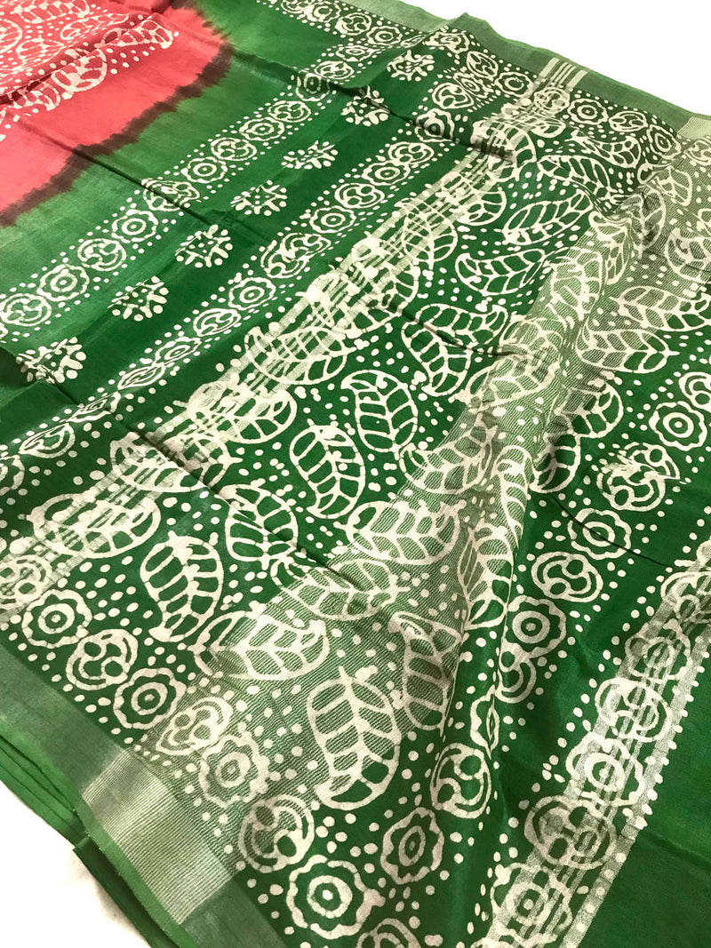 Handloom Cotton Linen Blend Batik Saree- Red & Green