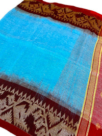 Handloom Pure Organic Linen Ikkat blend Jamdani Saree With muted gold Zari Work