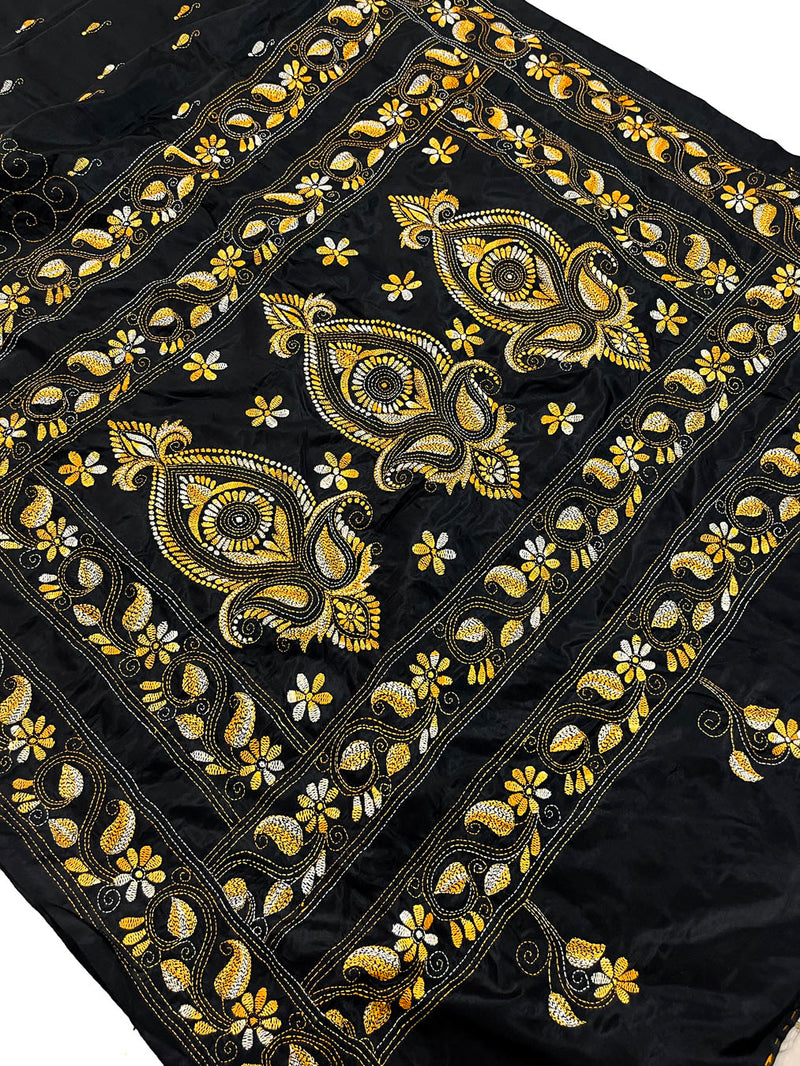 Shantiniketan Hand Embroidery Kantha Stitch Saree - Black