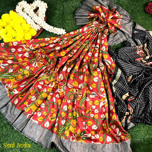 Handwoven Tussar Silk Hand Block Printed Saree - Garden Of Eden