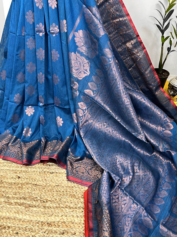 Handloom Khadi Linen Banarasi Saree With Muted Zari Work- Blue