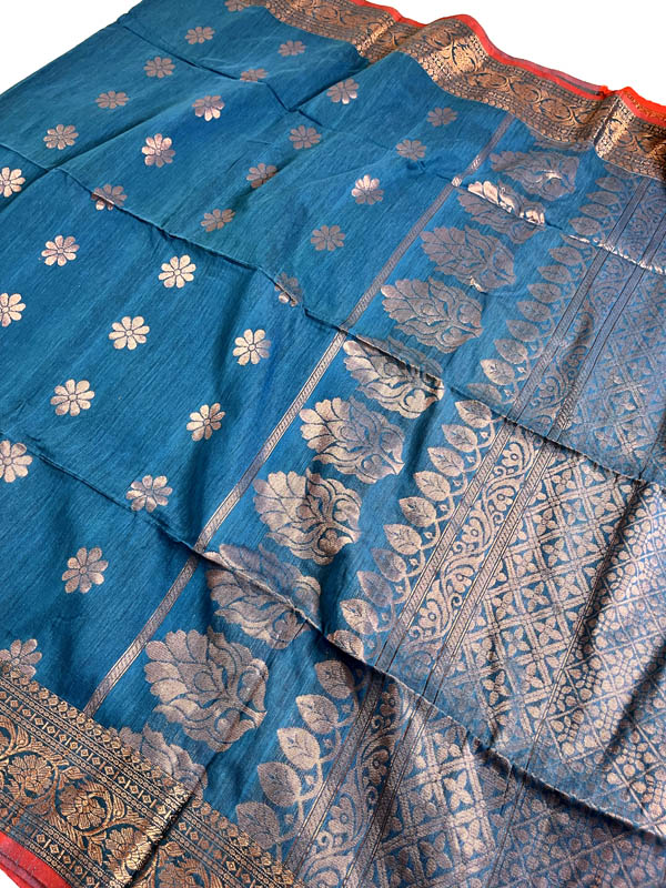 Handloom Khadi Linen Banarasi Saree With Muted Zari Work- Blue