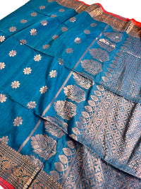 Handloom Khadi Linen Banarasi Saree With Muted Zari Work- Blue