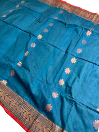 Handloom Khadi Linen Banarasi Saree With Muted Zari Work- Blue