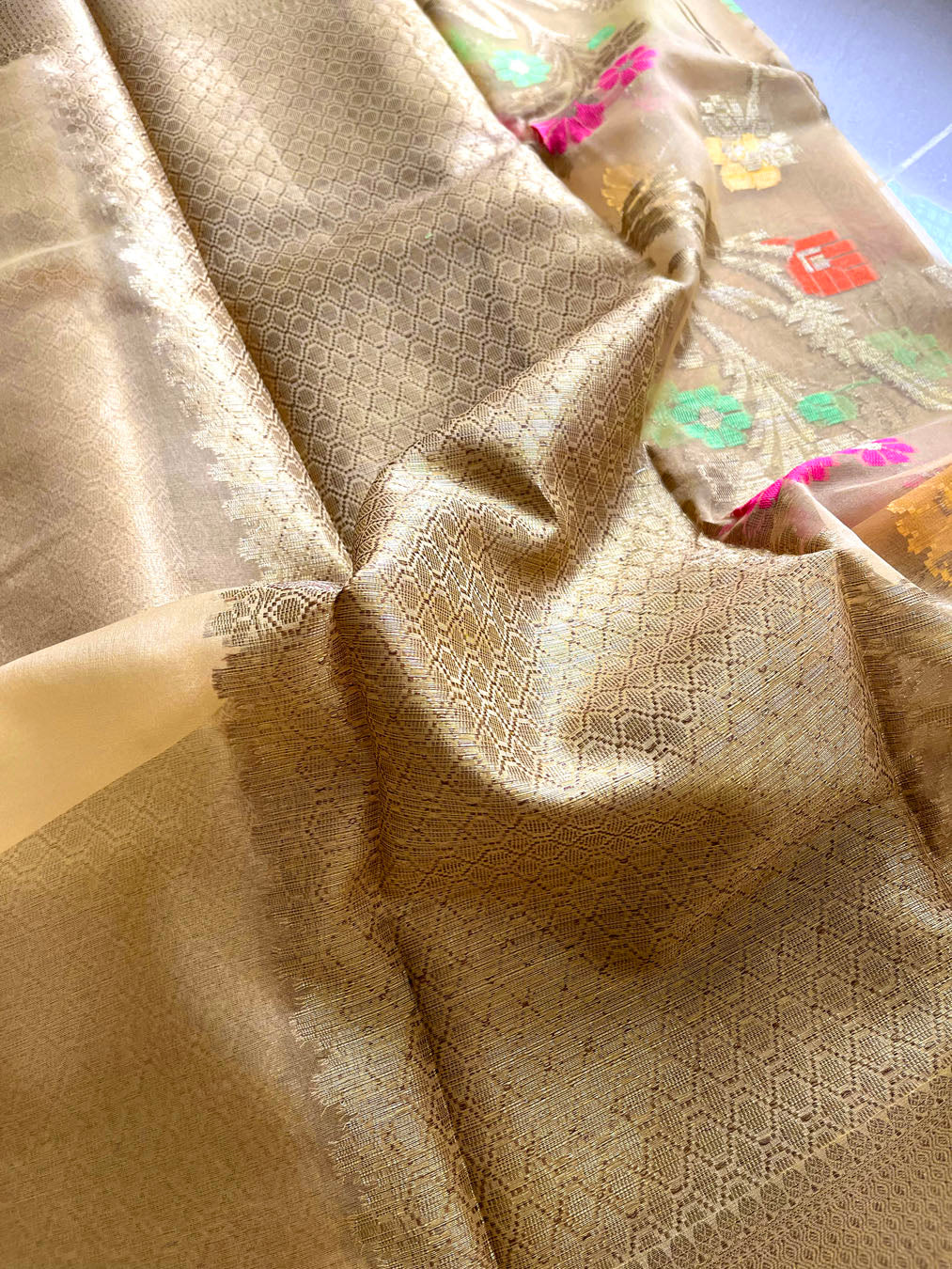 Kora Silk Banarasi Saree With All over Woven Design - Beige