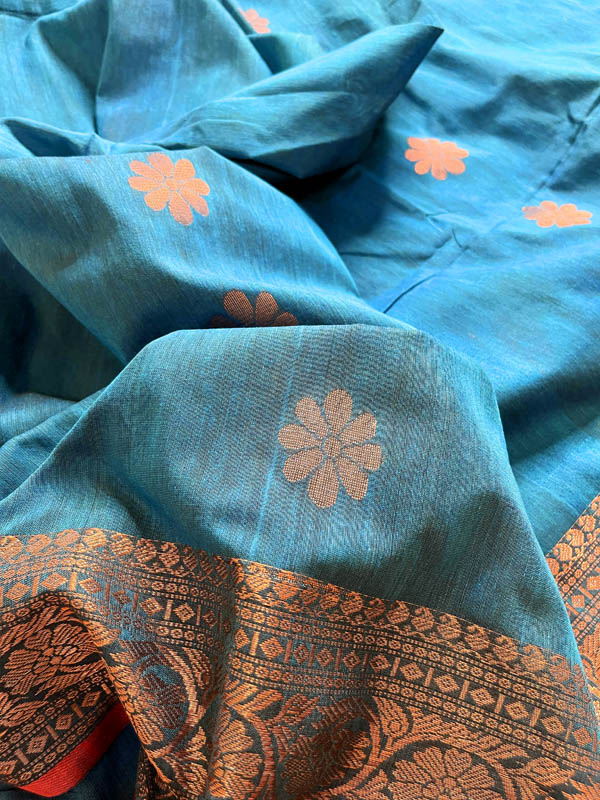 Handloom Khadi Linen Banarasi Saree With Muted Zari Work- Blue