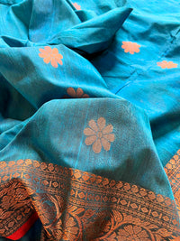 Handloom Khadi Linen Banarasi Saree With Muted Zari Work- Blue