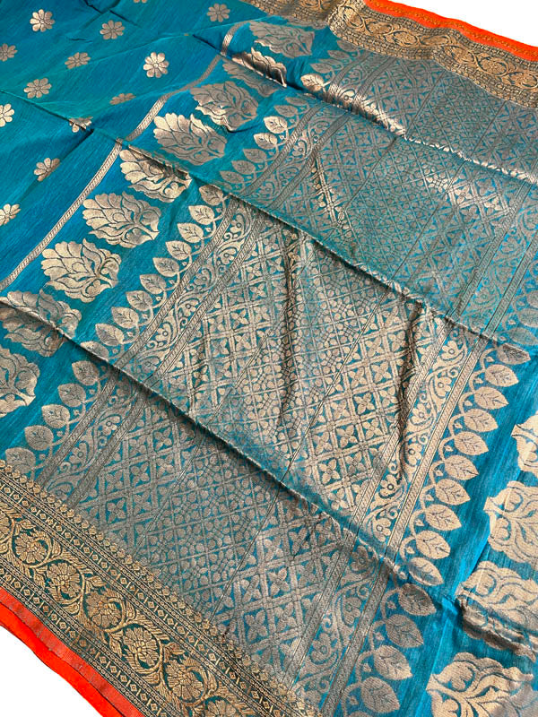 Handloom Khadi Linen Banarasi Saree With Muted Zari Work- Blue