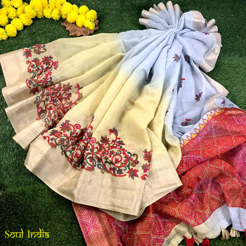 Cotton Block Print Saree - Misty Sand