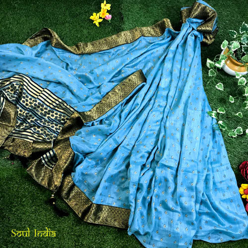 Iris- Chanderi Silk Saree With Block Print