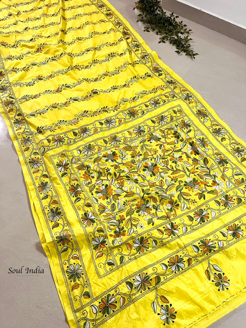 Shantiniketan Hand Embroidery Kantha Stitch Saree - Yellow