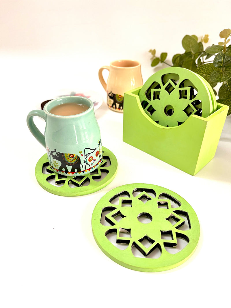 Handcrafted Wooden Coaster Set of 6 - Green