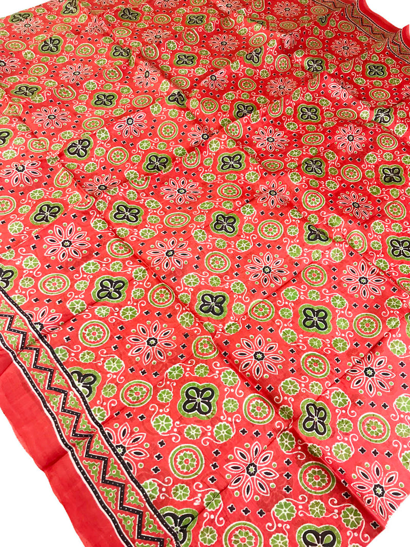 Authentic Murshidabad Bengal Pure Silk Ajrakh Print Saree - Red