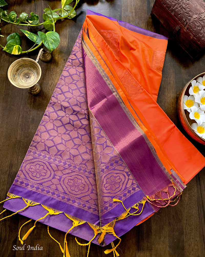 Banarasi Silk Saree With Woven Work - Orange