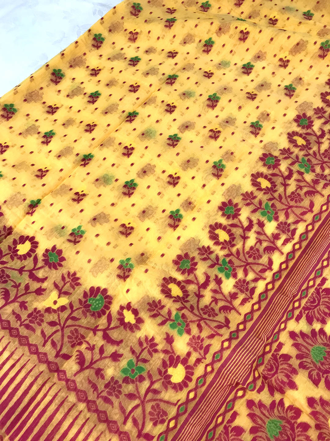 Jamdani Saree with all over Floral work- Yellow & Red