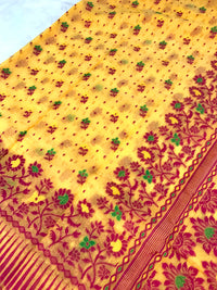 Jamdani Saree with all over Floral work- Yellow & Red