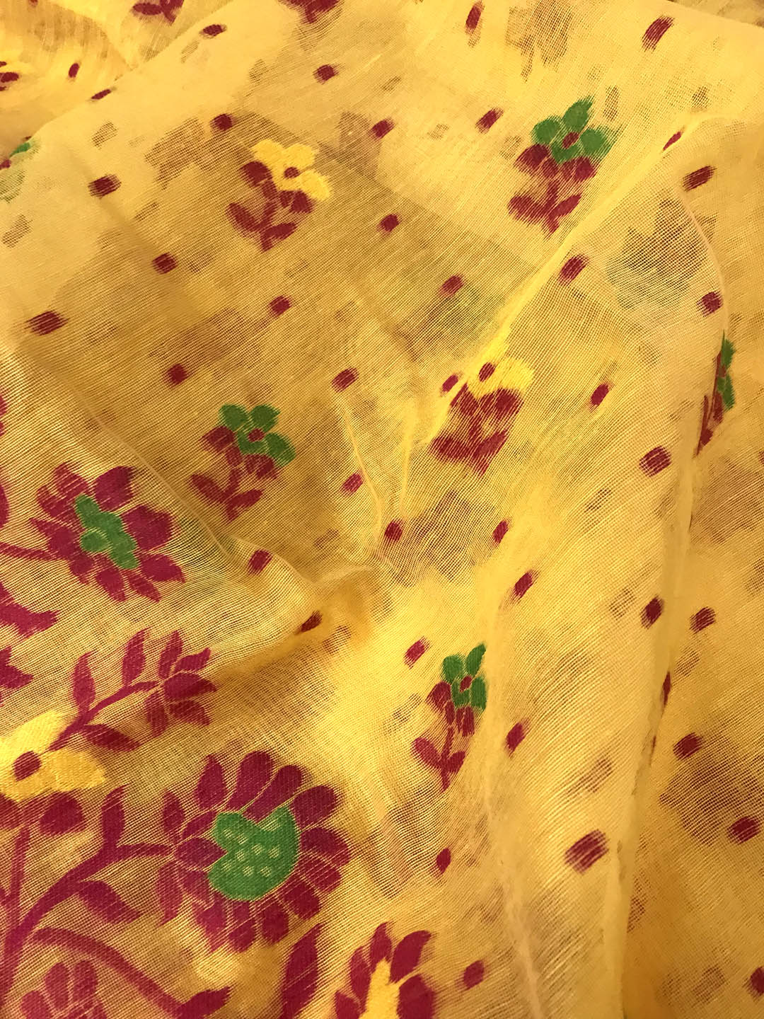 Jamdani Saree with all over Floral work- Yellow & Red