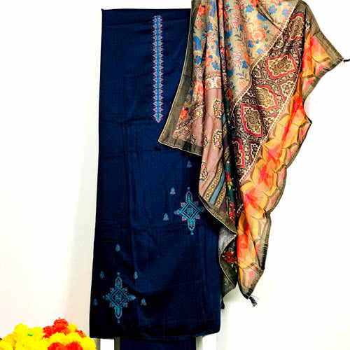 Designer Suit Piece With Embroidery & Printed Malmal Cotton Dupatta