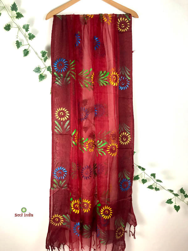 Hand painted  Tissue Dupatta - Red