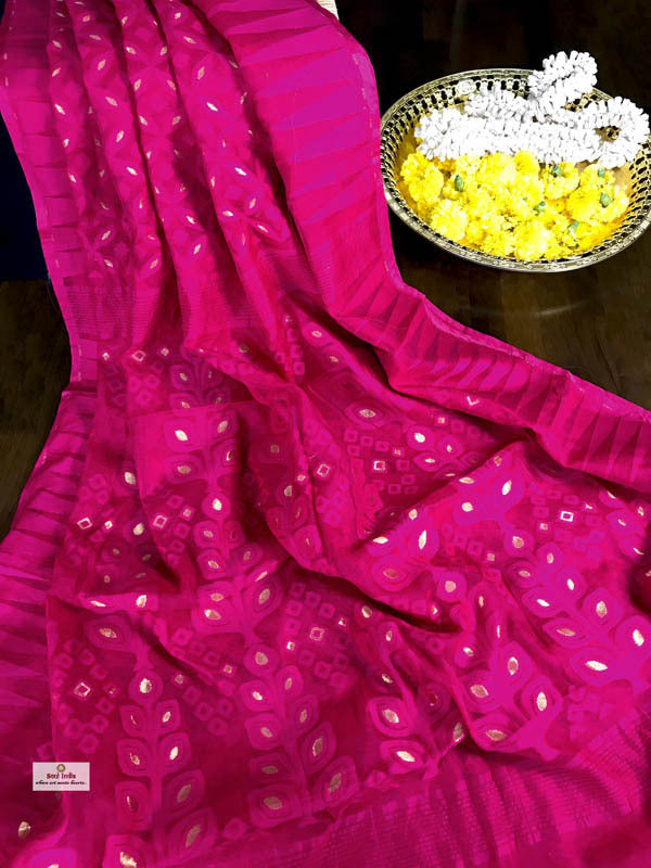 Jamdani Saree with all over Floral work-Pink