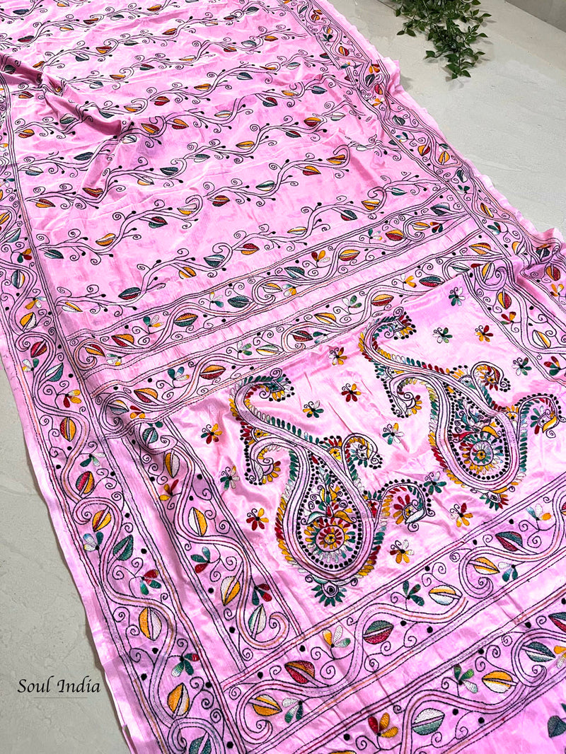 Shantiniketan Hand Embroidery Kantha Stitch Saree - Pink