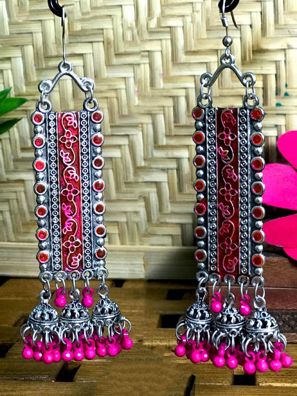 Triple Jhumka Danglers - Silver & Pink