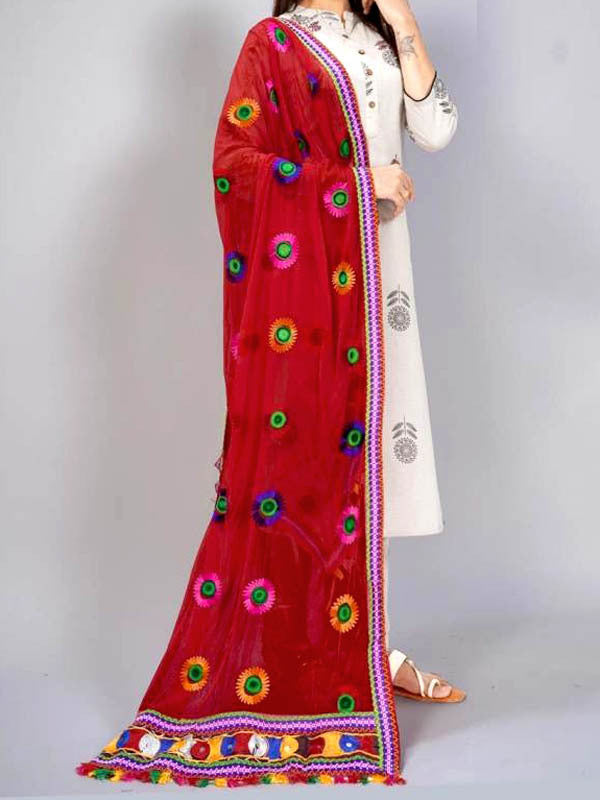 Heavy Embroidery Dupatta- Red