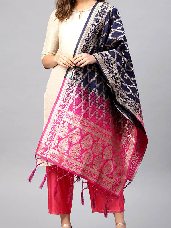 Woven Art Silk Dupatta - Blue & Pink