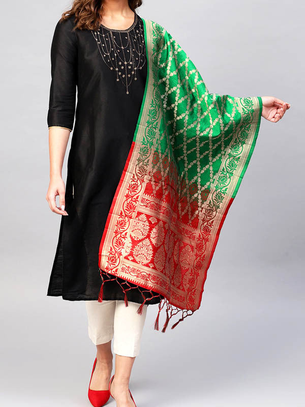 Woven Art Silk Dupatta - Green & Red