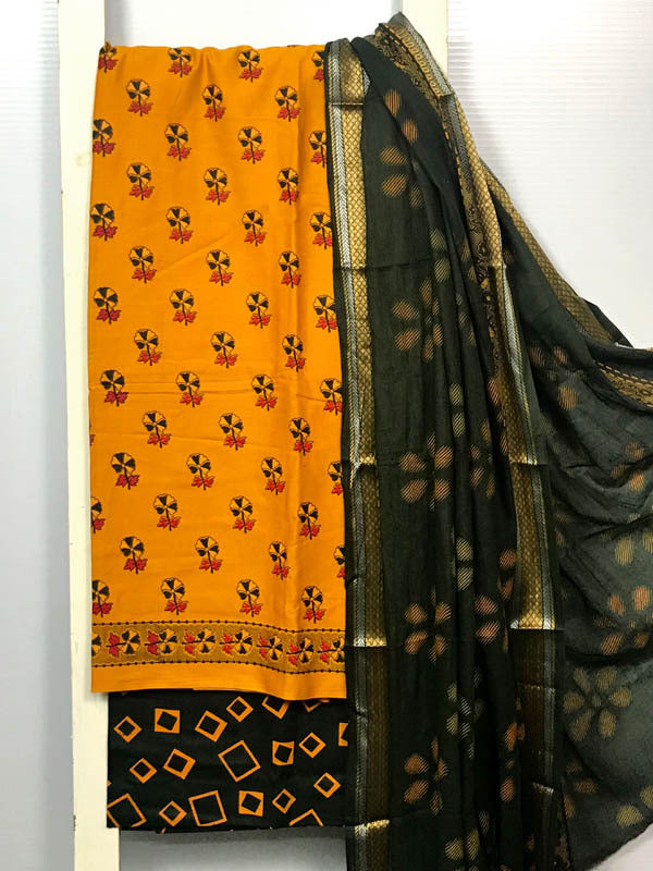 Block Print Suit With Mul Cotton Zari Border Dupatta