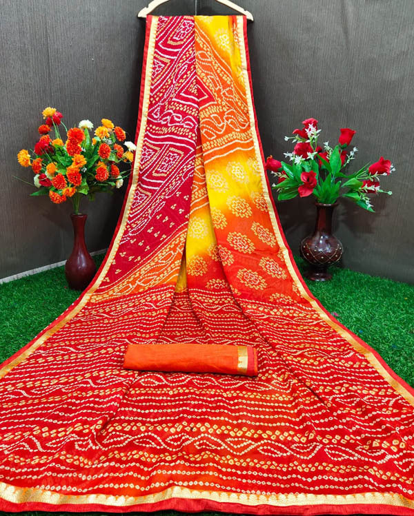 Chiffon Bandhani Saree With Zari Border-  Yellow & Red