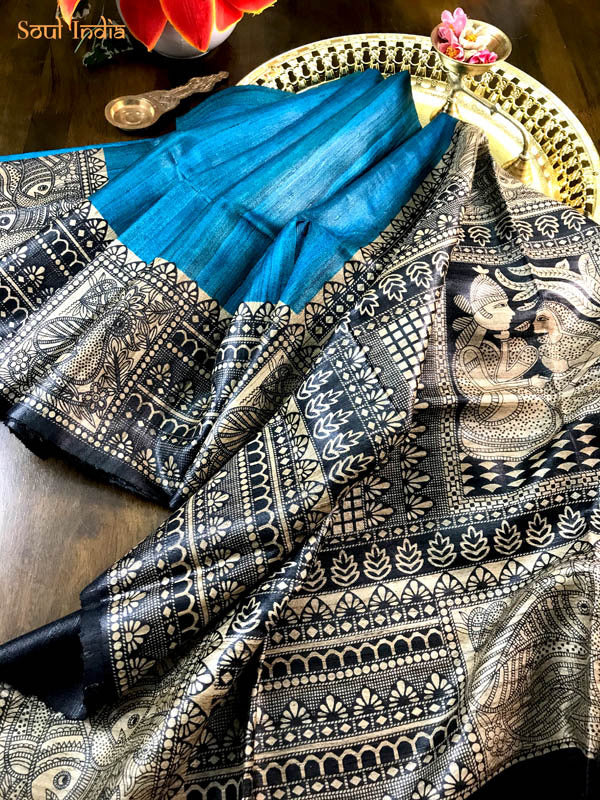 Handwoven Madhubani Print Tussar Silk Saree