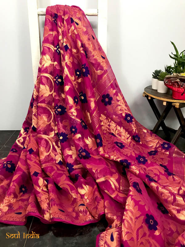 Jamdani Saree with all over Floral work -Pink