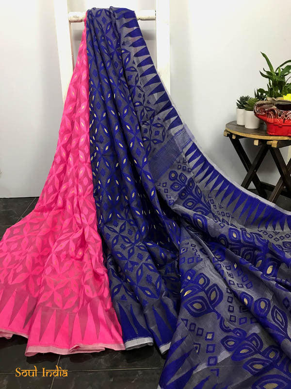 Jamdani Saree with all over Floral work-Pink,Blue