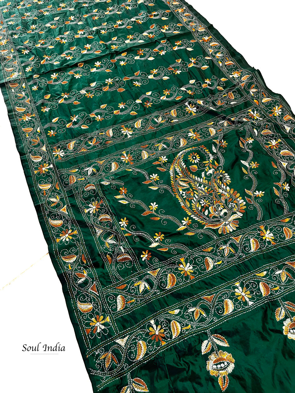 Shantiniketan Hand Embroidery Kantha Stitch Saree - Green