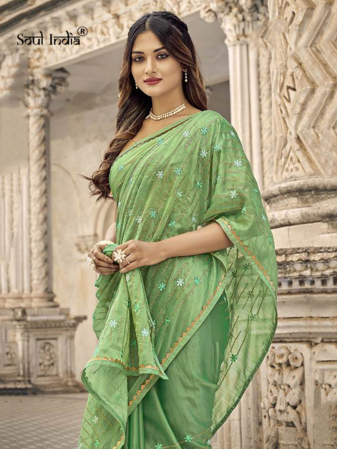 Party Wear Heavy Work Georgette Saree - Light Green