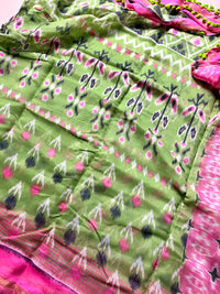 Ikkat Print Cotton Saree With PomPom- Green