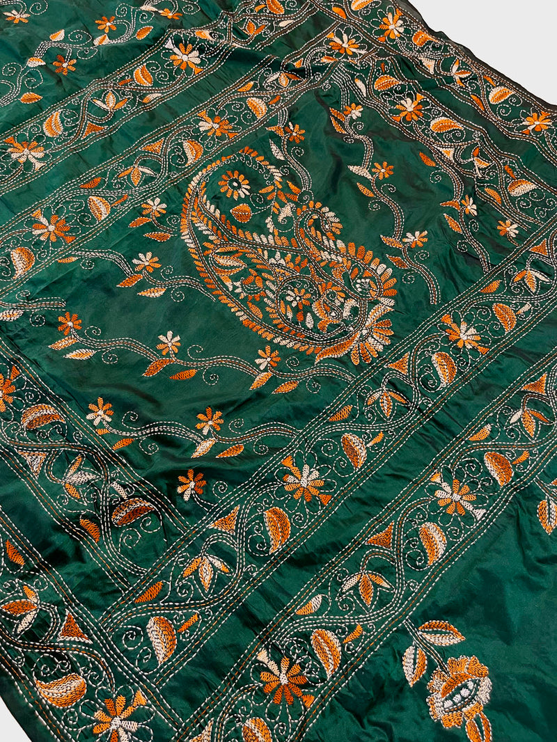 Shantiniketan Hand Embroidery Kantha Stitch Saree - Green