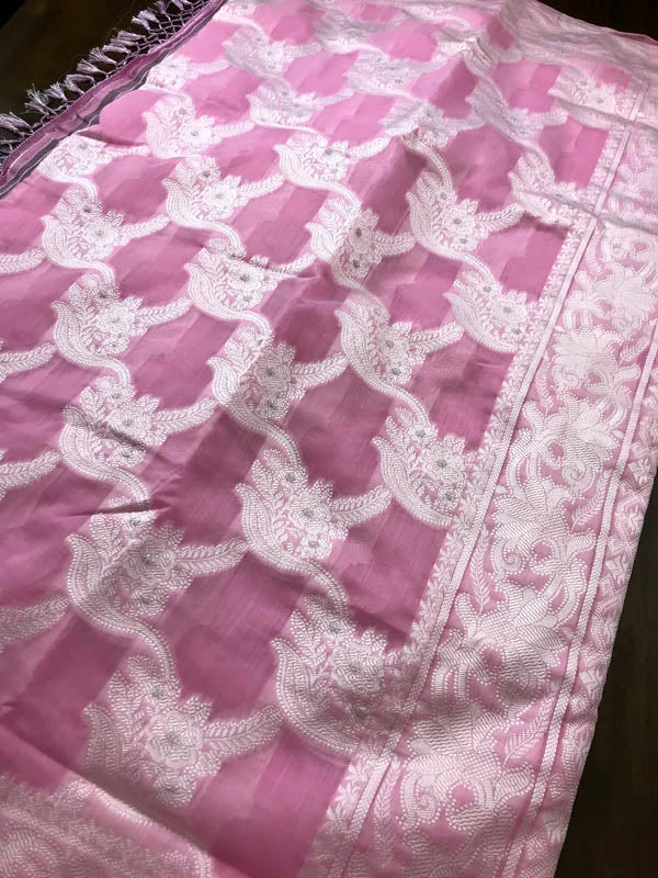 Cotton Linen Lucknow Chikankari  Work Saree